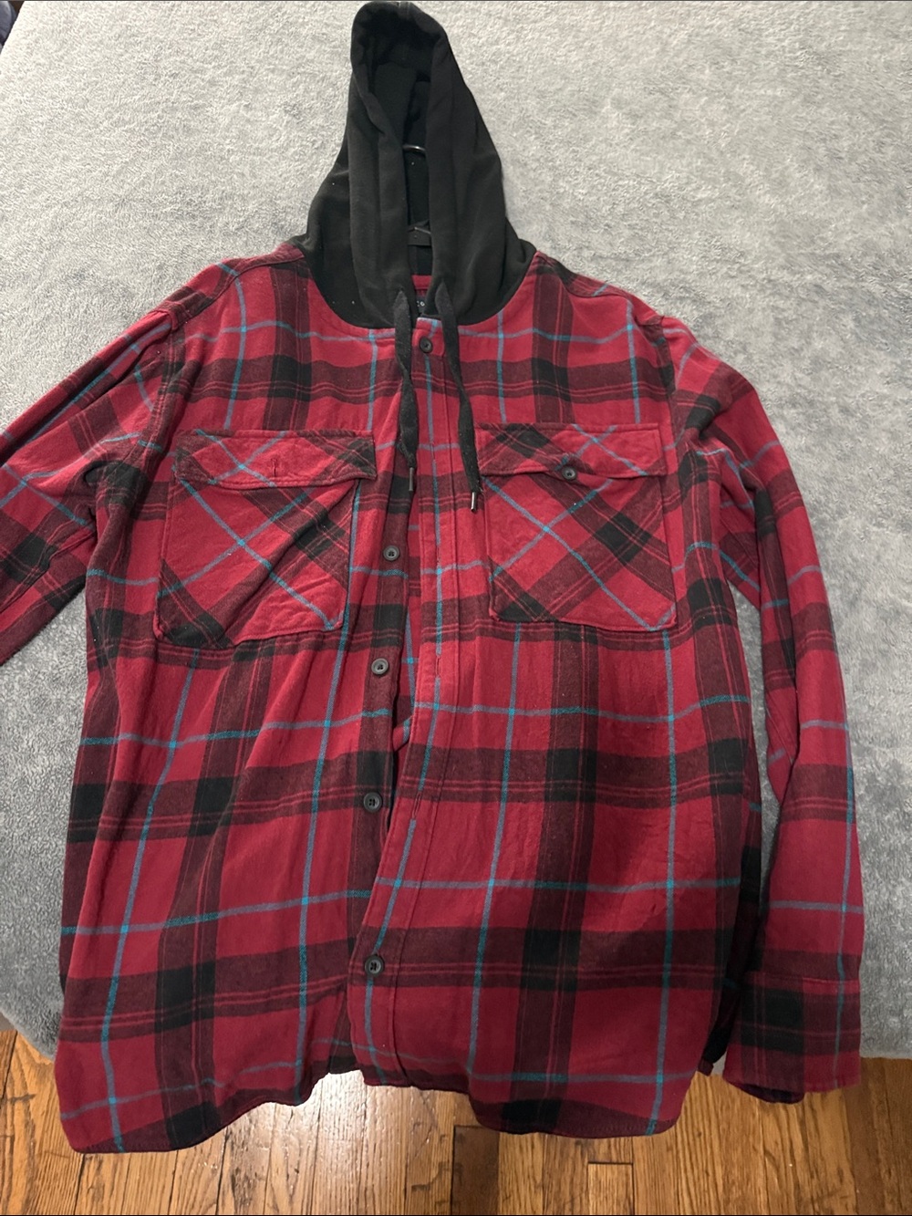 Trinity Red & Black Plaid Hooded Shirt Jacket